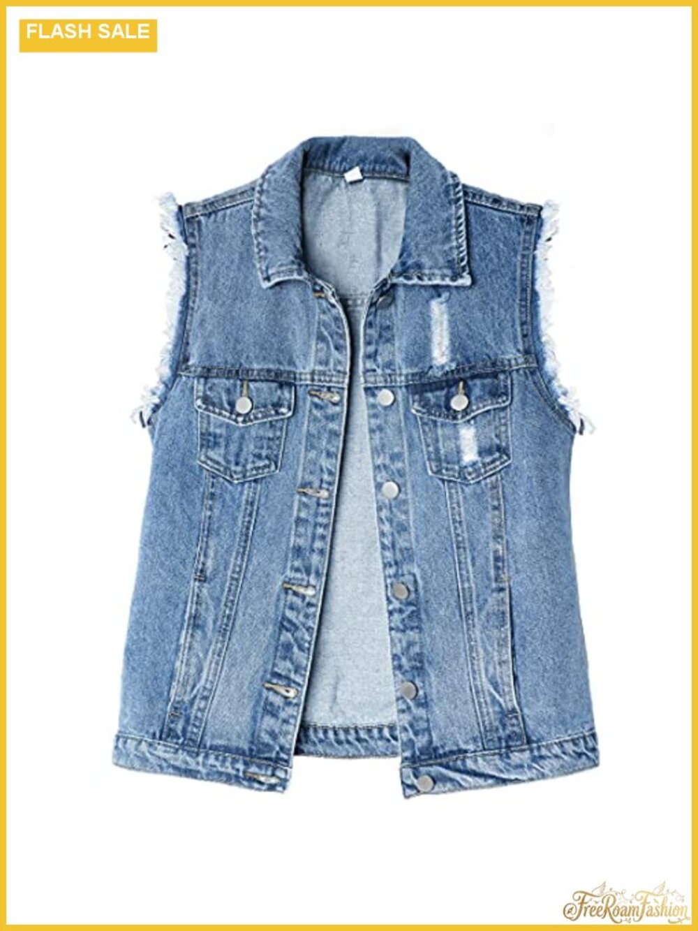 Sleeveless Denim Vest Button Up Slim Jean Jacket Women's Frayed Distressed
